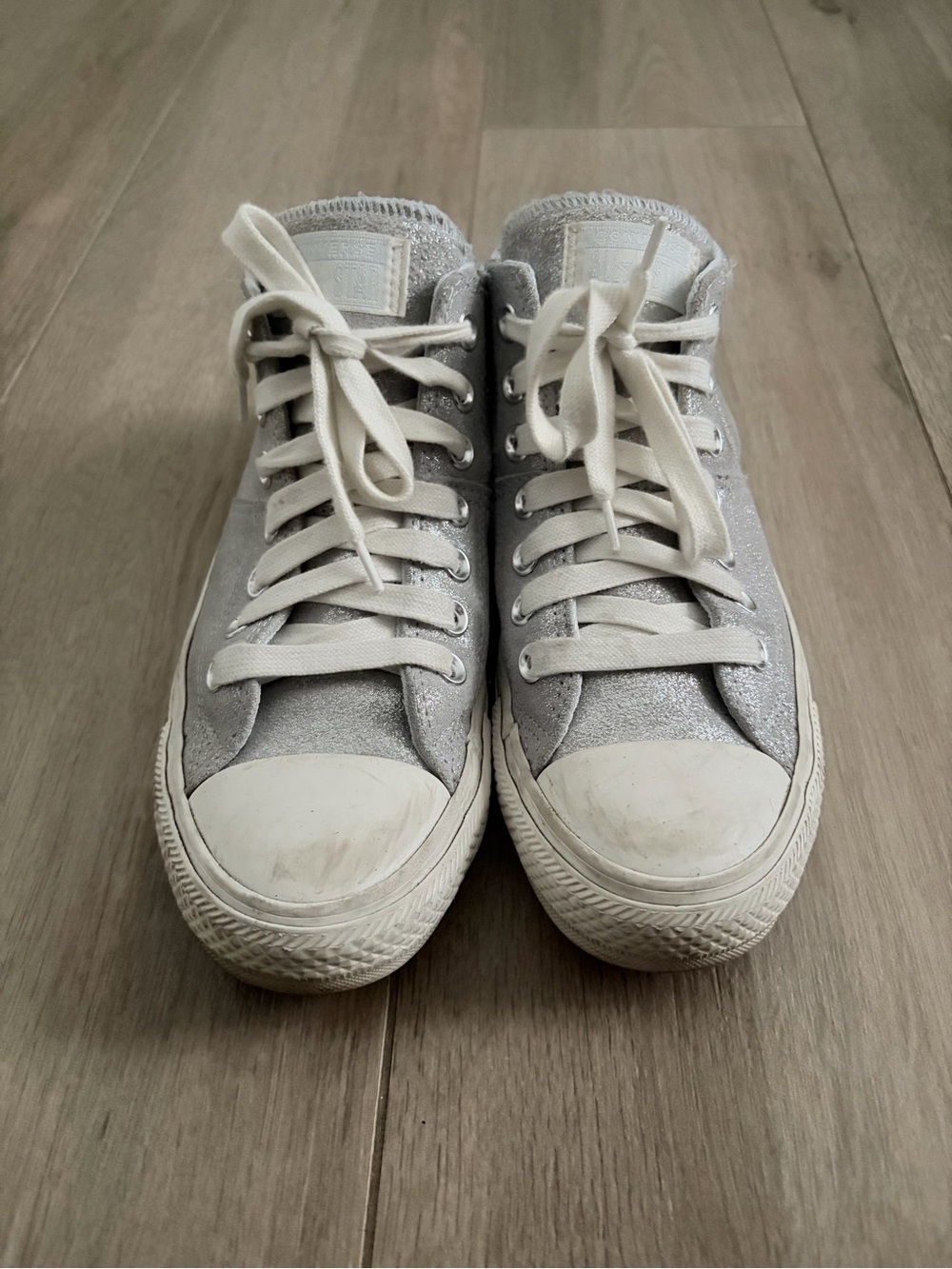 Converse Silver Glitter High-Top Sneakers with Cream Laces